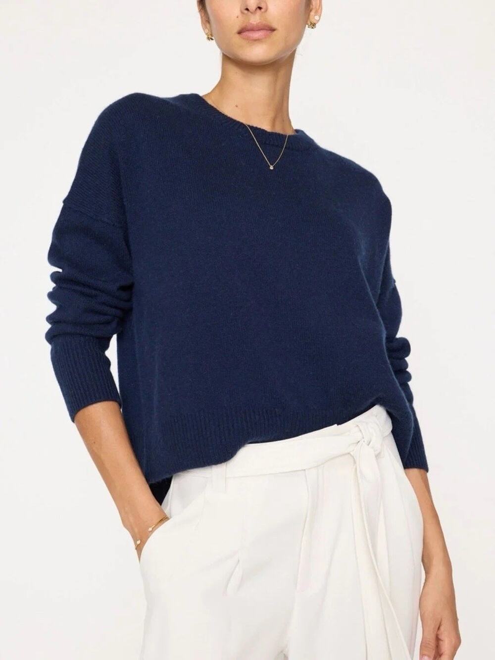 Brochu Walker Looker Corbin Layered Cotton Cashmere Crewneck Knit Sweater Navy M